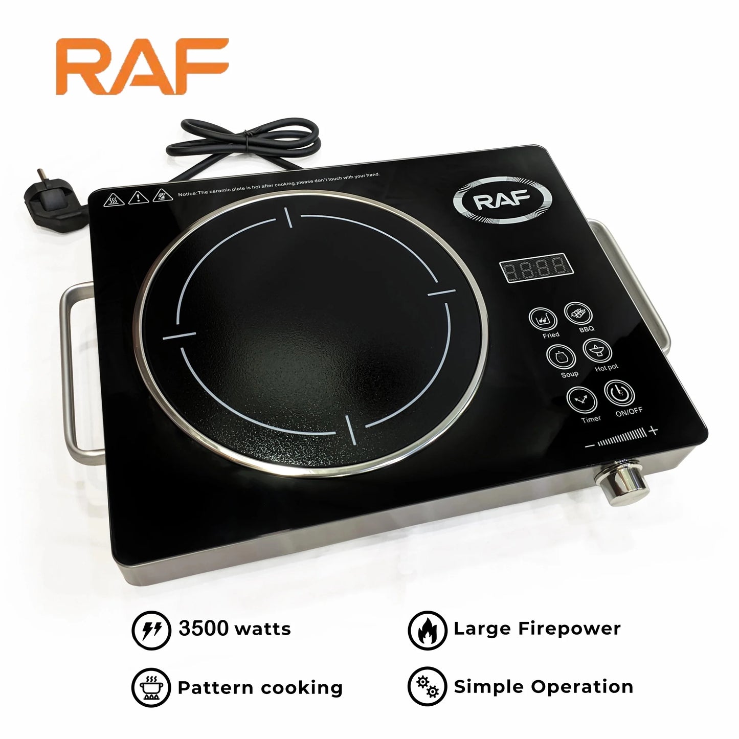 RAF Electric Stove 3500W, Safe , Smoke-free , Touch Operated , Non-Slip Plate
