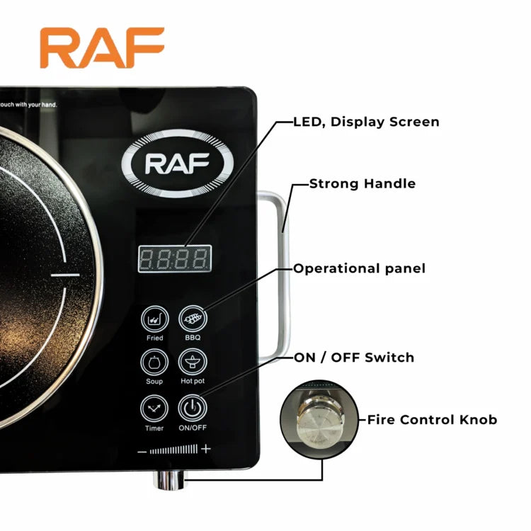 RAF electric cooktop with labeled features on a white background