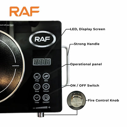 RAF electric cooktop with labeled features on a white background