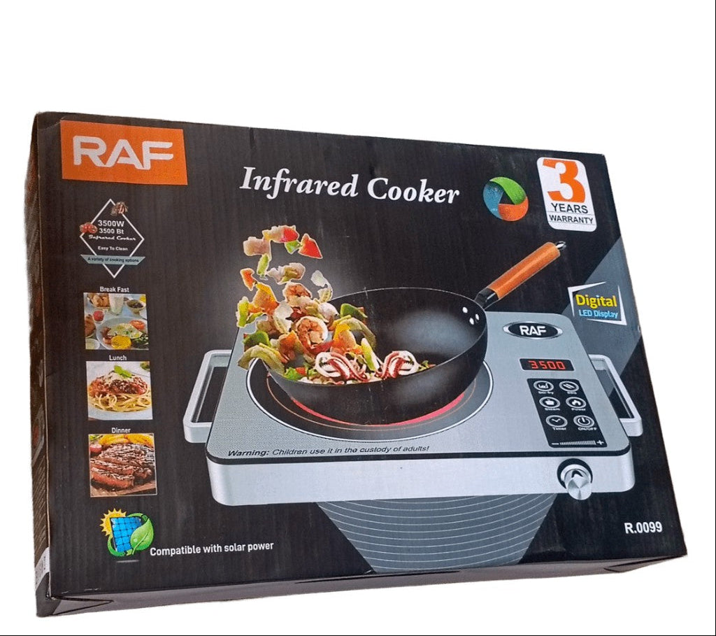 RAF Infrared Cooker packaging with a wok and food on a white background